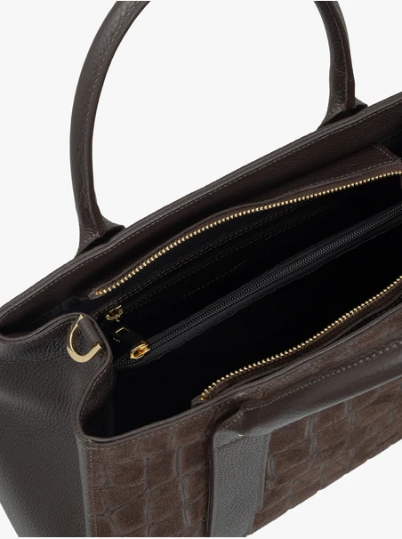 Dark brown large handbag crocodile leather pattern