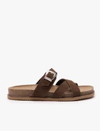 Dunkelbraune Flip-Flops mit dekorativen Schnallenverzierungen