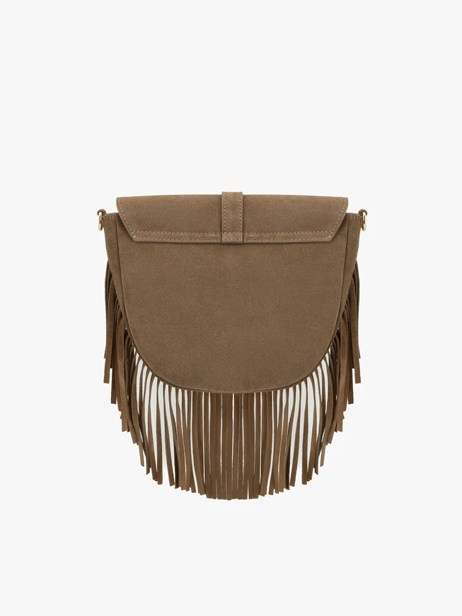 Beige Handtasche mit Quasten und Riemen