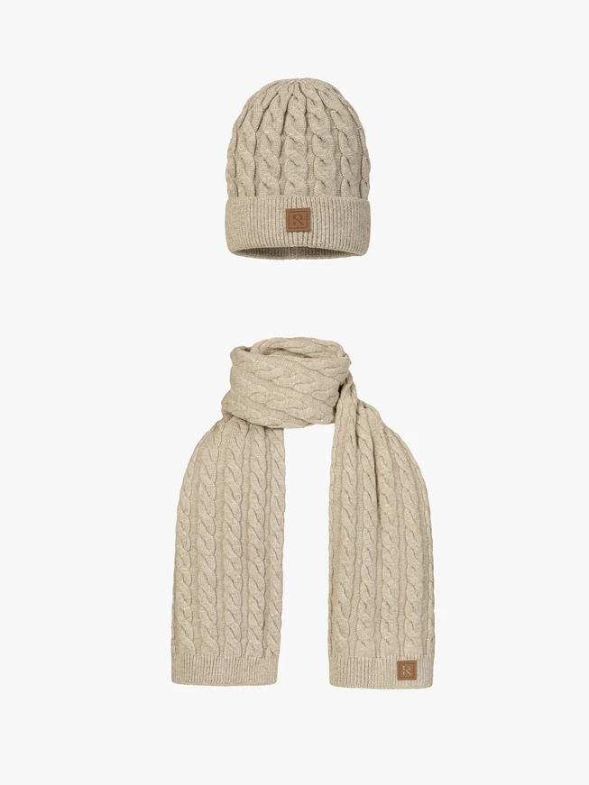 Beige kariertes Set: Mütze und Schal