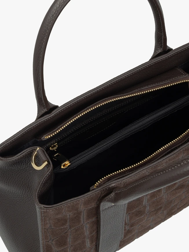 Dark brown large handbag crocodile leather pattern