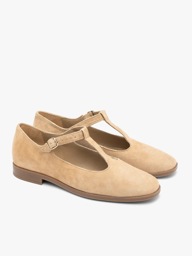 Beigefarbene Ballerinas mit T-Bar-Riemen