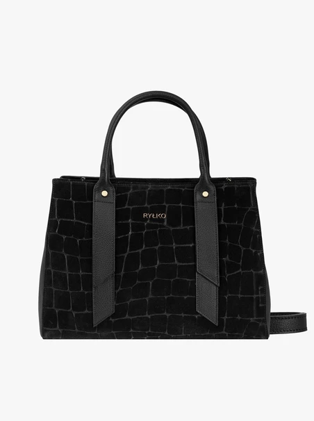 Black large handbag crocodile leather pattern