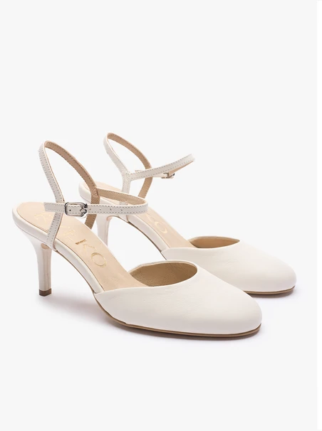 Kremowe czółenka ślubne slingback ze skóry licowej
