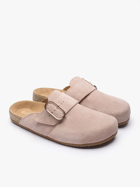 Beige suede mule shoes with buckle