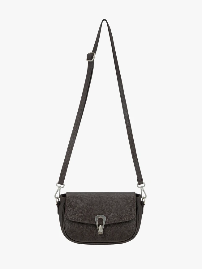 Dark brown handbag with decorative buckle