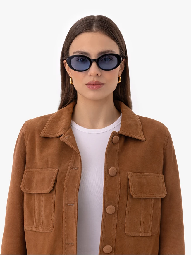 Women's Black Oval Sunglasses with Blue Lenses