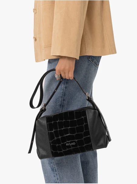 Black handbag with a crocodile-skin pattern