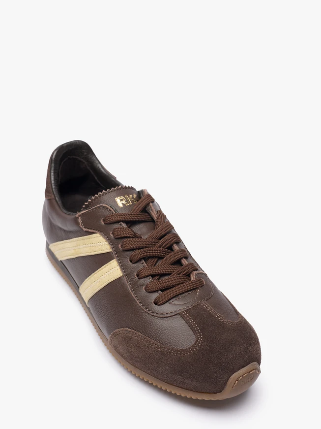 Brown Lace-up Sneakers with Yellow Stripe