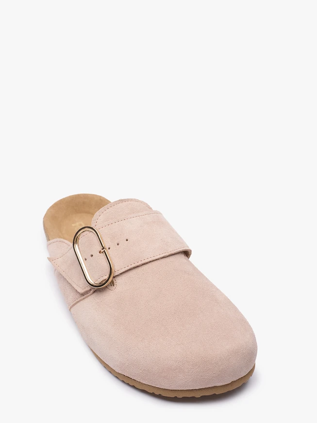 Beige suede mule shoes with buckle