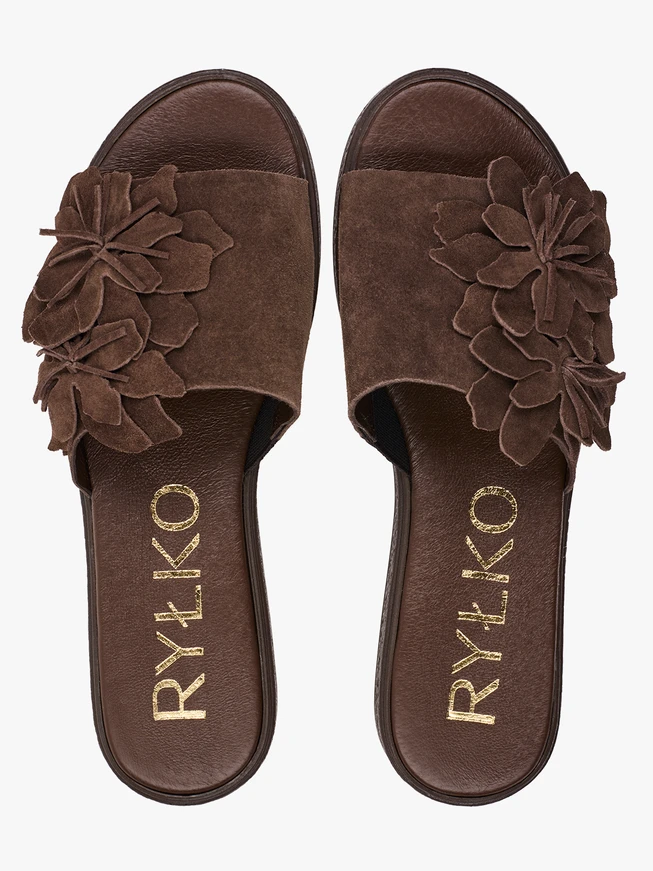 Dunkelbraune flache Flip-Flops mit Blume