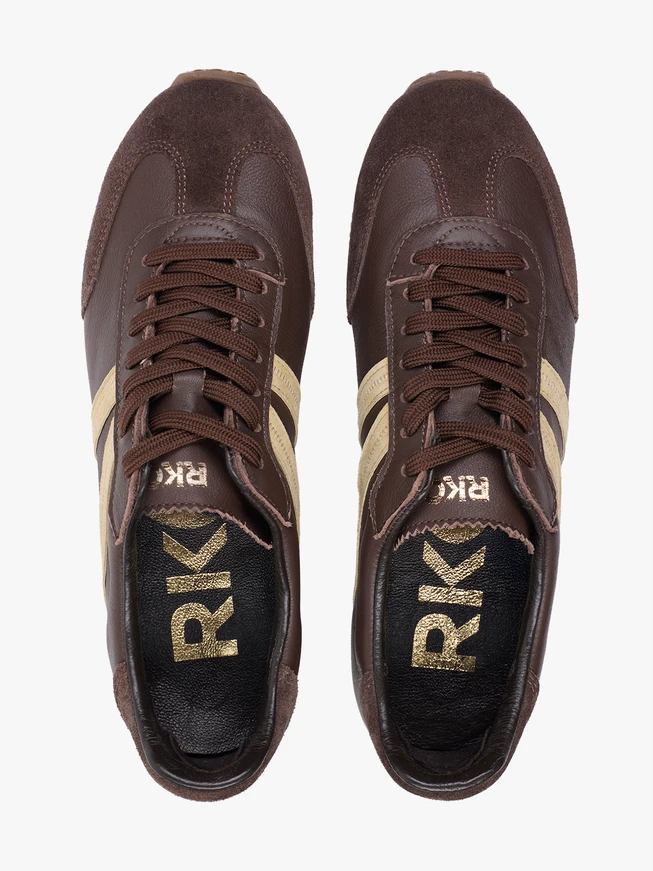Brown Lace-up Sneakers with Yellow Stripe