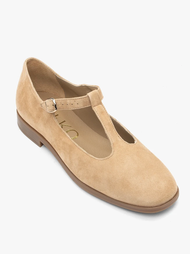 Beigefarbene Ballerinas mit T-Bar-Riemen