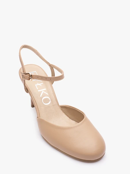 Beigefarbene Slingback-Pumps aus Leder ohne Absatz