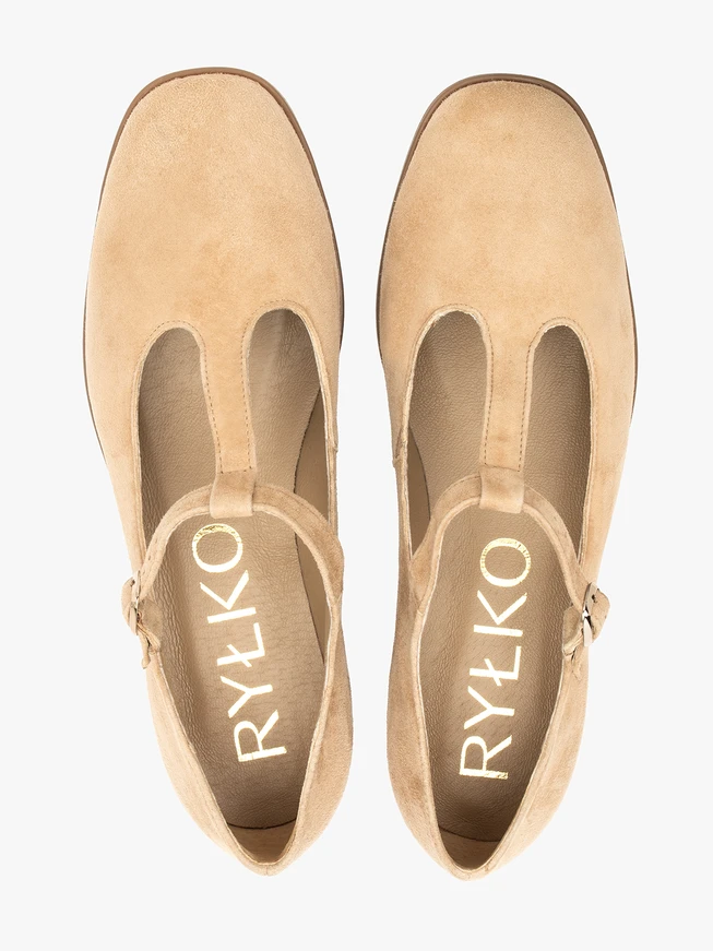 Beigefarbene Ballerinas mit T-Bar-Riemen