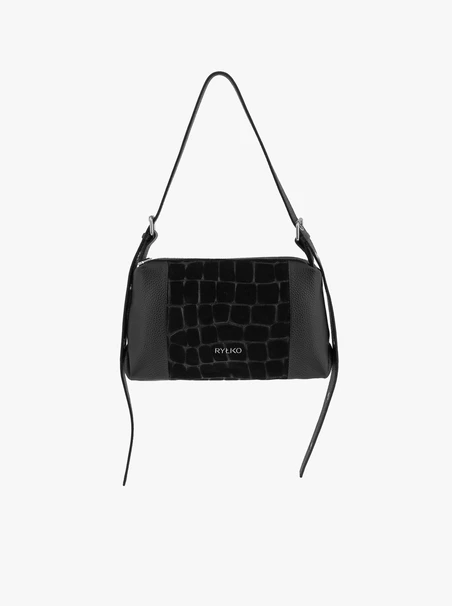 Black handbag with a crocodile-skin pattern