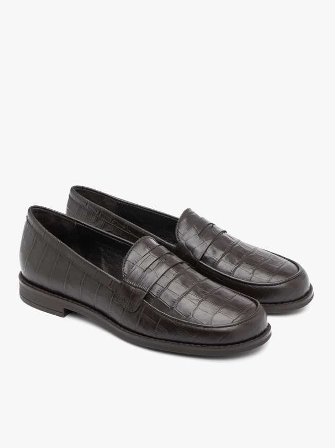 Dark brown embossed leather moccasins
