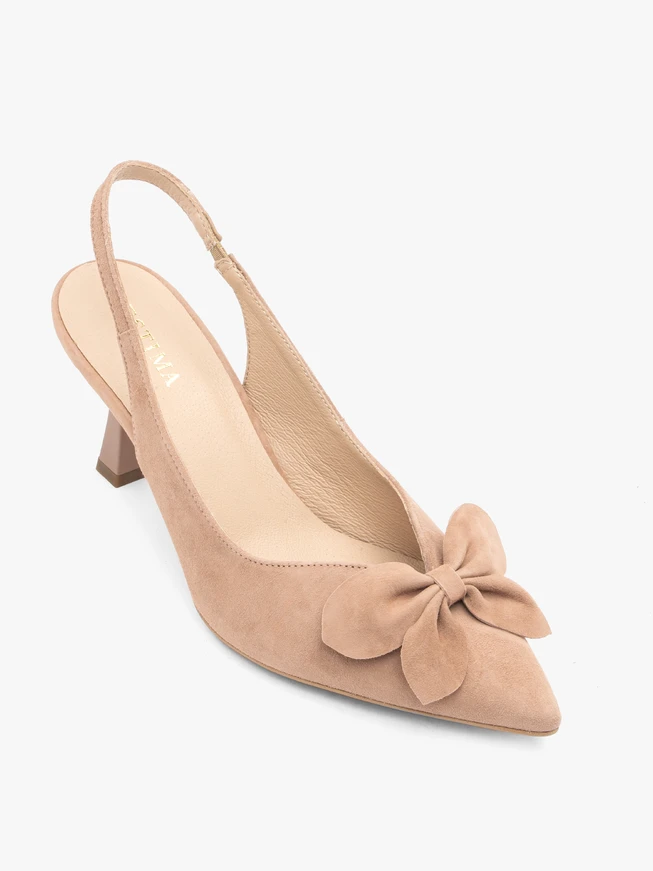 Rosa Slingback-Pumps ohne Absatz mit Blumenverzierung