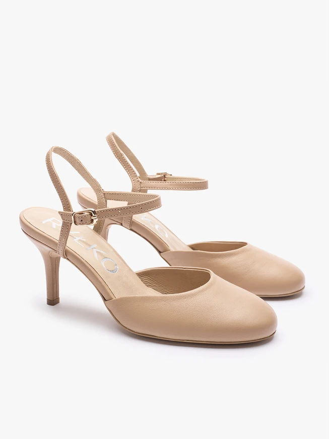 Beigefarbene Slingback-Pumps aus Leder ohne Absatz