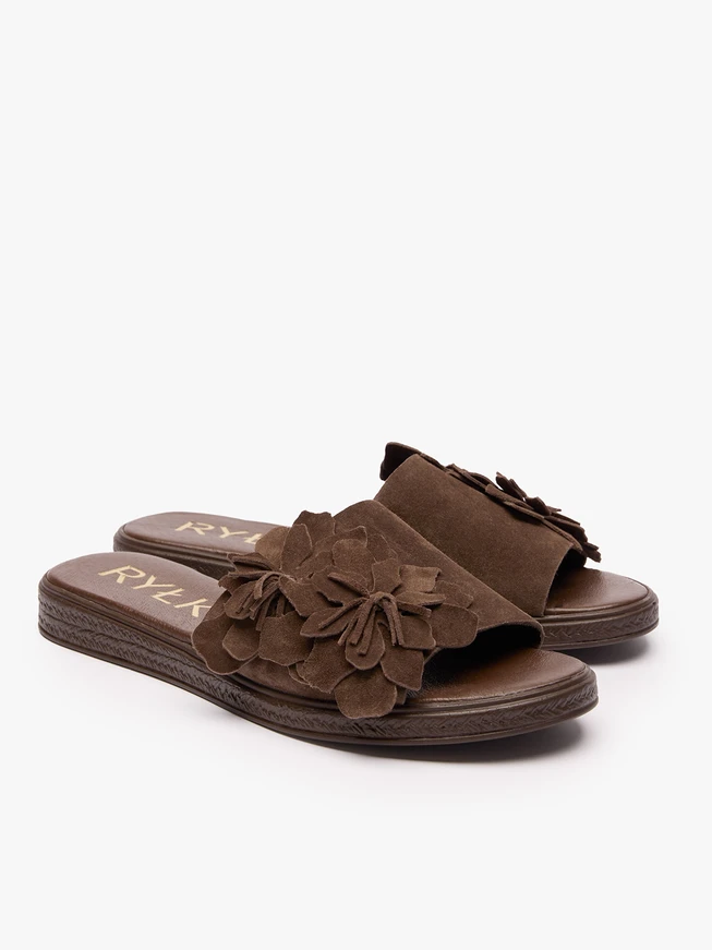 Dunkelbraune flache Flip-Flops mit Blume