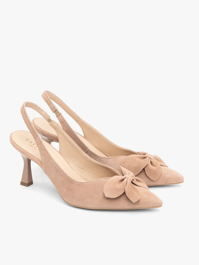 Rosa Slingback-Pumps ohne Absatz mit Blumenverzierung