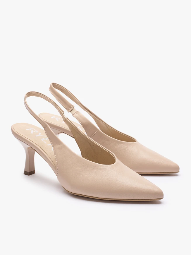Beigefarbene Slingback-Pumps aus Leder ohne Absatz