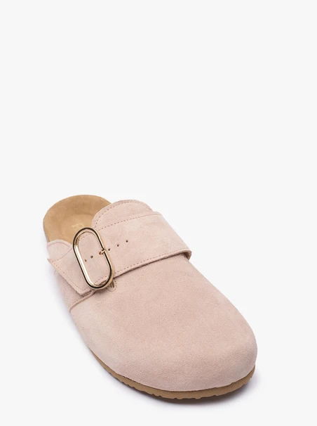 Beige suede mule shoes with buckle