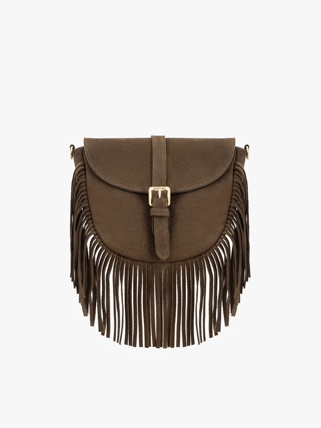 Hellbraune Handtasche mit Quasten und Riemen
