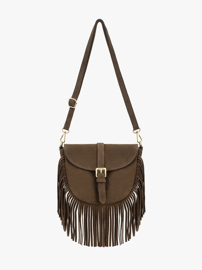 Hellbraune Handtasche mit Quasten und Riemen