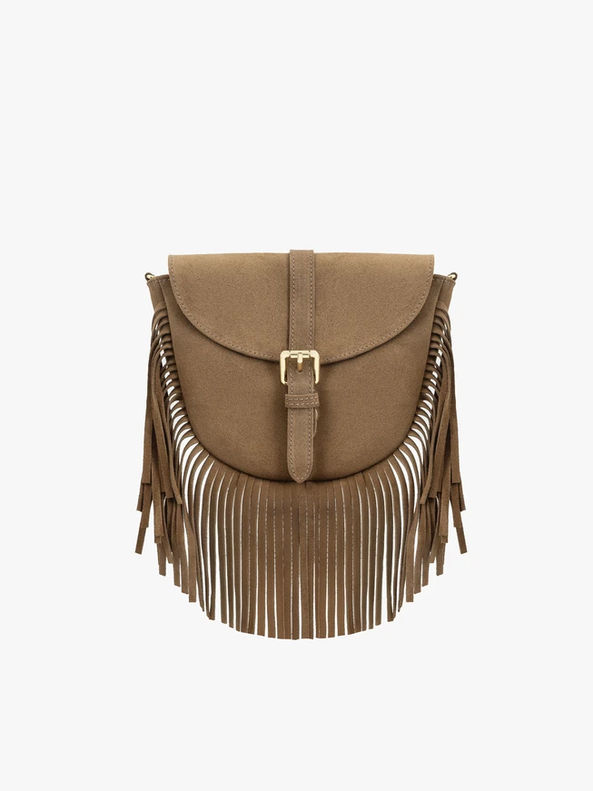 Beige Handtasche mit Quasten und Riemen