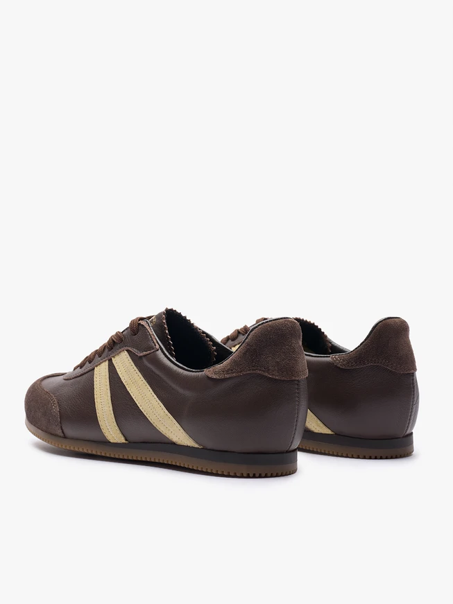 Brown Lace-up Sneakers with Yellow Stripe