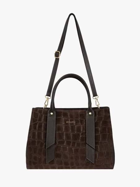 Dark brown large handbag crocodile leather pattern