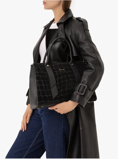 Black large handbag crocodile leather pattern
