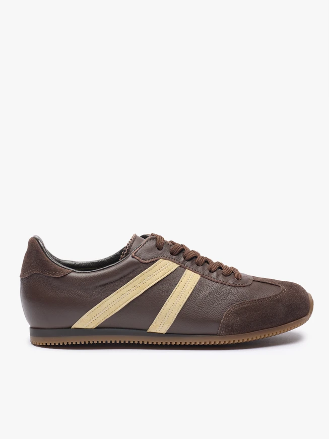 Brown Lace-up Sneakers with Yellow Stripe