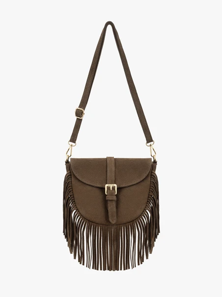 Hellbraune Handtasche mit Quasten und Riemen
