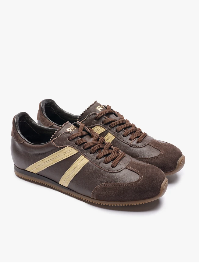 Brown Lace-up Sneakers with Yellow Stripe