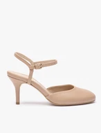 Beigefarbene Slingback-Pumps aus Leder ohne Absatz