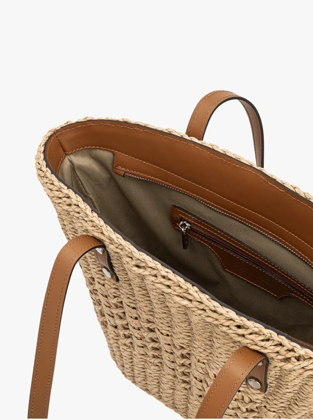 Beige and red braided basket shopper bag
