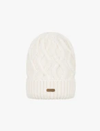 Cream-colored hat with a cable knit pattern