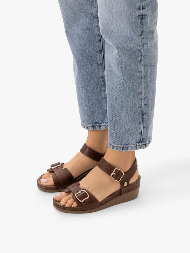 Brown sandals with a low wedge heel