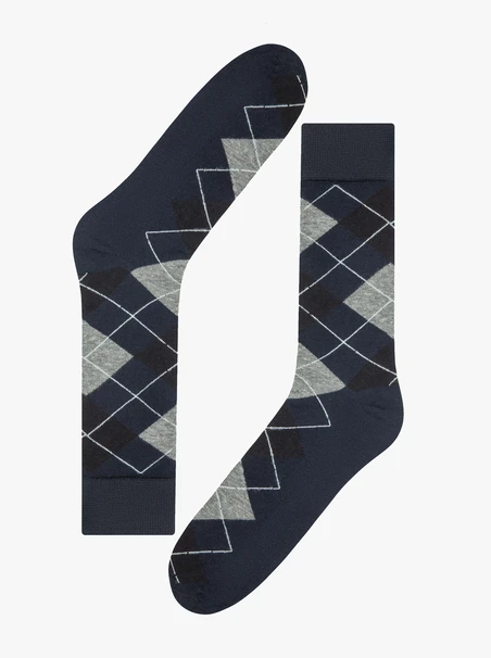 Navy blue cotton socks with a diamond pattern