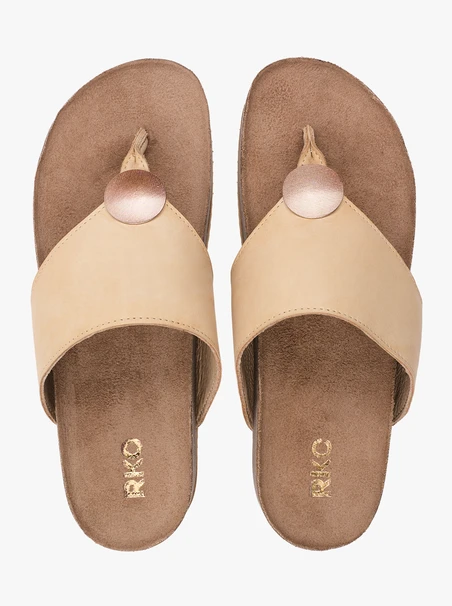 Beige leather flip flops with embellishment