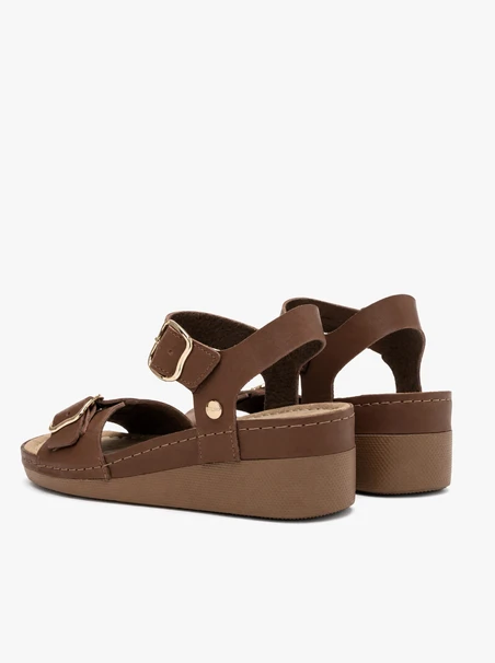Brown sandals with a low wedge heel