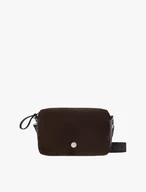 A dark brown handbag with a wide strap