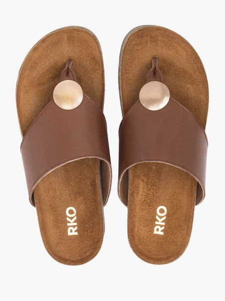 Brown leather flip flops with embellishment