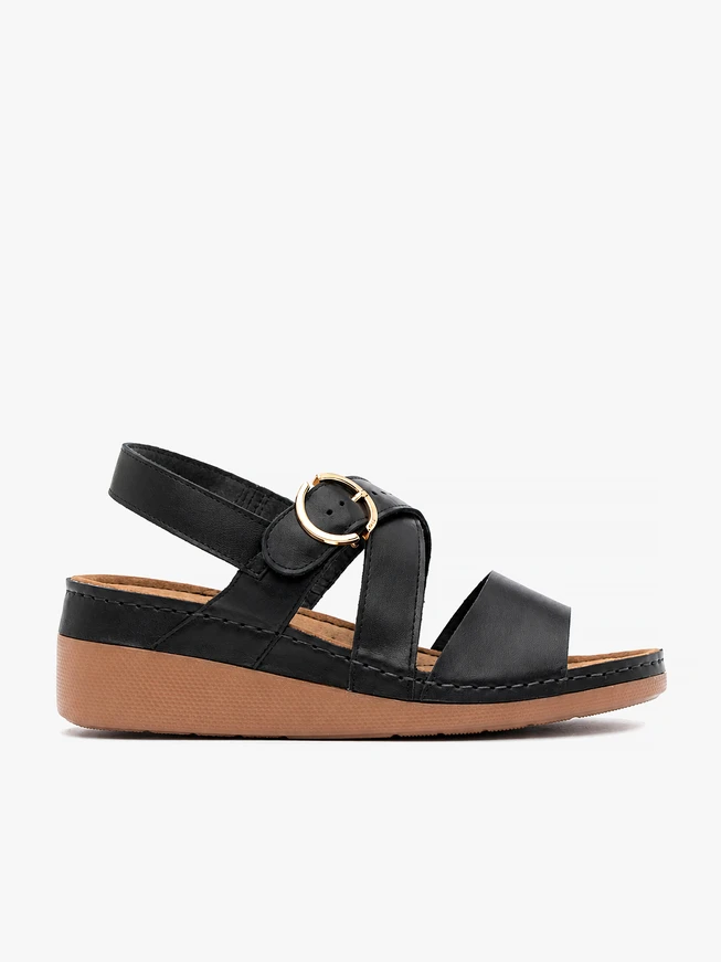 Black sandals on a low heel