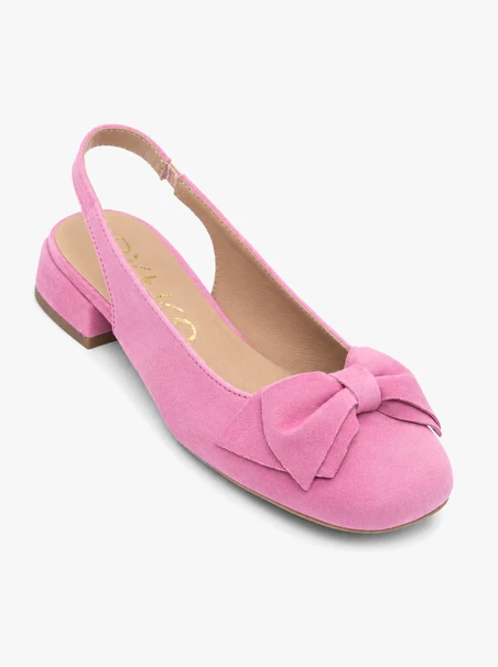 Pink slingback heelless pumps with bow