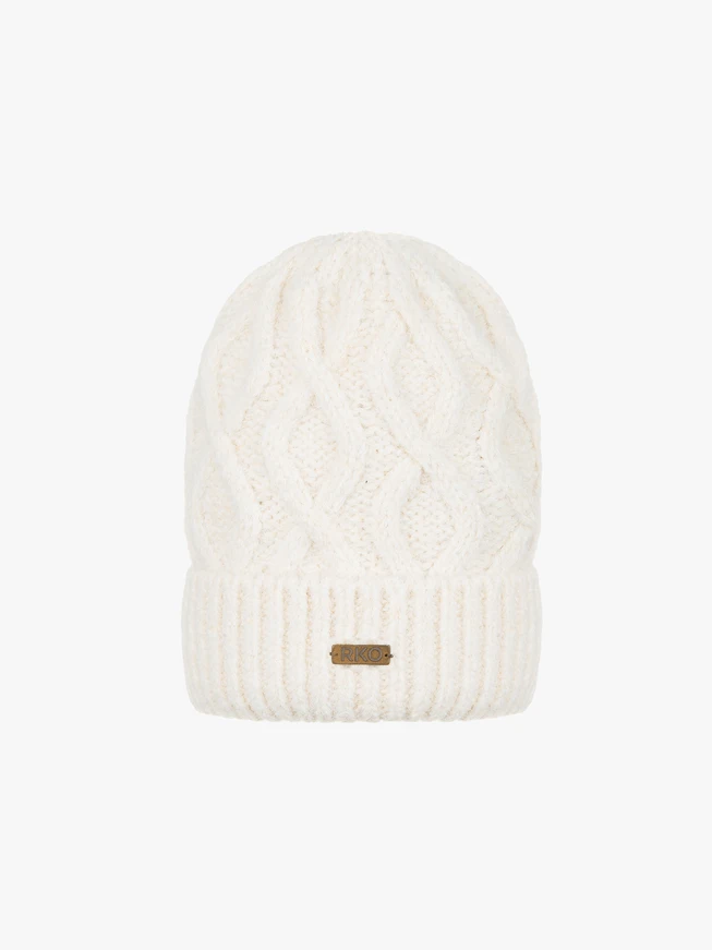 Cream-colored hat with a cable knit pattern