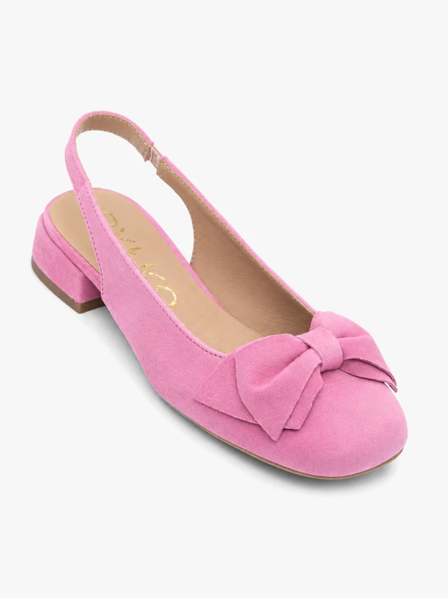 Pink slingback heelless pumps with bow