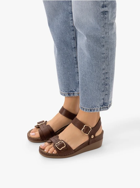 Brown sandals with a low wedge heel